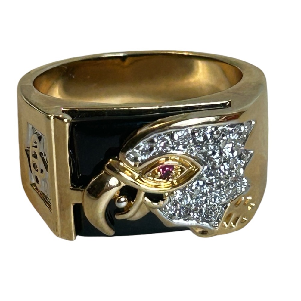 Mens Eagle Head Ring Size 11.5 Onyx Russian CZ Red Eye 18k Overlay Faux Ruby